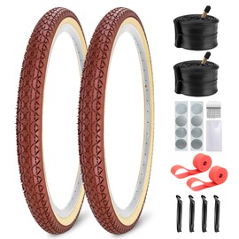 SIMEIQI 2 Pack Beach Cruiser Tires 24”x2.125” Brown Cream Wall with Tubes Rim Strips Compatible for Retro Beach Commuter Hybrid Road Bicycles (24x2.125)