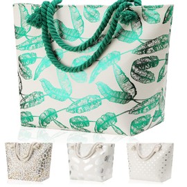 Large Waterproof Beach Tote Bag Swim Pool Gear Xl Big Oversized Packable Summer Travel Necessities for Vacation Trip Sandproof Beachbag Bags Women Lady Mother Birthday Gift Green Hawaiian Boho