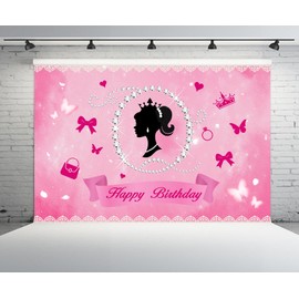 CHNYWORK 9x6ft Happy Birthday Backdrop Girls Birthday Pink Theme Baby Doll Birthday Butterfly Crown Diamond Background Pink Theme Baby Doll Birthday Baby Shower Party Decor Props