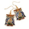 Multicoloured Enamel Owl Drop Earrings In Gold Tone Metal -