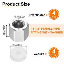 sourcing map 4pcs Hex End Cap 304 Stainless Steel Nut with Washer, PT 1/8" Female Thread Pipe Fitting, Gas Line Water Line Stop Valve Cap Tubing Ends for Plumbing Fittings, Silver Tone