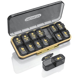 ROWNYEON Weekly Pill Box Organiser Pill Boxes 7 Day 2 Times a Day,Portable Daily Tablet Organiser Pill Dispenser with 14 Copartments to Hold Vitamins, Cod Liver Oil, Supplements and Medication, Black