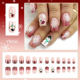 Christmas Press on Square Nails Short Length Glossy Full Cover Acrylic Xmas False Nails with Snowflake Designs Artificial Square Shaped Fake Nails with Charms Glue ons Fingernails for Women(YS456)