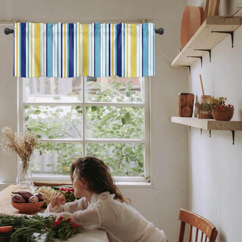 Yellow Blue Stripe Curtains for Living Room/Bedroom/Bathroom/Kitchen Windows - Rod