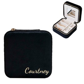 Customizable Compact Velvet Jewelry Box with Mirror, Travel Jewelry Case, Travel Jewelry Organizer, Jewelry Box for Women and Girls, Small Jewelry Organizer (Bottom Right Text, Black)