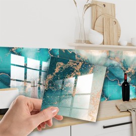 WALPLUS Marble Tile Stickers Glossy Waterproof Oil Proof Removeable Stick on Wall Backsplash DIY PVC for Bathroom Kitchen Home Decor Mediterranean Ocean Blue 24 pcs 15cm(6")