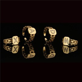 cmoonry Gold Cubic Zirconia Initial Letter Open Ring Adjustable For Women 18K Gold Plated Alphabet Rings Letter A To Z (R)