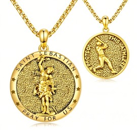 TwoAnts Gold St Sebastian Necklace for Men Women 925 Sterling Silver Saint Sebastian Baseball Medal Pendant Necklace Protection Athletes Necklace Medallion Catholic Jewelry Gifts with 22" Chain