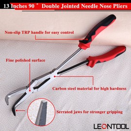 LEONTOOL 90° Long Nose Pliers, Double Pivot Type, Long Pliers, For Removing Connectors, Long Type Radio Pliers, Taper Pliers, Grooved, 90 Degree Curved Pliers, Ultra Long Hose Pliers, Long Reach Vent