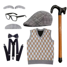 JieJieko Old Man Costume Set for Kids,100 Days of School Costume for Kids,Old Man Grandpa Costume for Boys Cosplay (Orange, Xlarge (10-12yr))