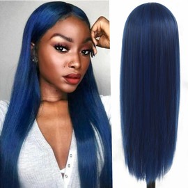 Amnenl Long Blue Straight Wigs for Women Middle Part Blue Hair Replacement Wig Silky Glueless Heat Resistant Fiber Daily Party Cosplay Use