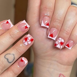 OHWODA Heart Press on Nails Short Square Fake Nails, Valentine’s Press on Nails with White French Tips Design Full Cover Red White Hearts Glue on Nails Glossy False Nails for Women Manicure DIY 24Pcs