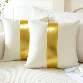 Artscope White Beige Velvet Throw Pillow Covers with Gold Leather Stitching Luxury Modern Minimalist Square Pillowcase Cushion Covers for Bed Couch Sofa 22x22Inch Set of 2