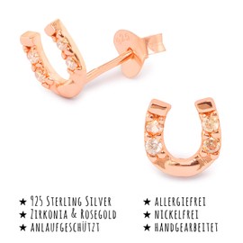 Monkimau Girls' Earrings Horseshoe Lucky Charm Stud Earrings Made of 925 Sterling Silver Real Silver with 8 Crystals Rose Gold Plated, Sterling silver