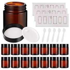 15 Pack 4 oz Amber Glass Jars with Lids, Round Empty Containers for Scrubs, Lotions, Cosmetic, Ointments and Butters, Travel Storage Jar with White Inner Liners £¬Black Lids, lables and Spatulas