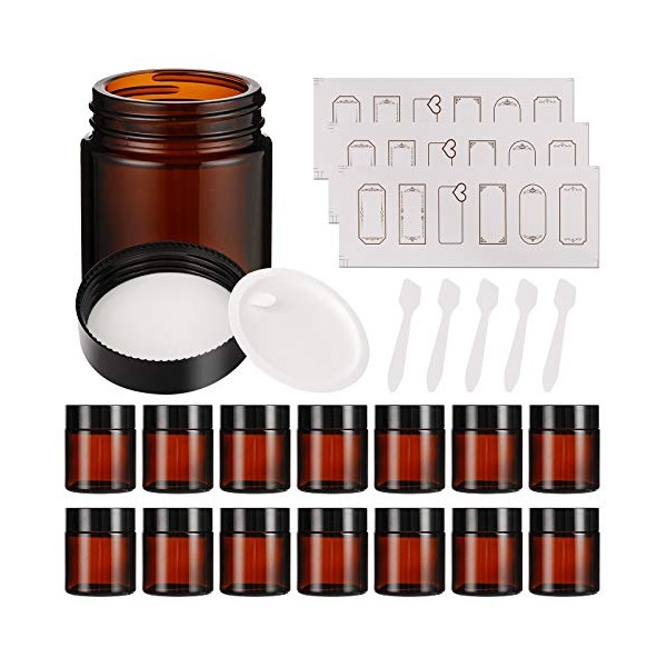 15 Pack 4 oz Amber Glass Jars with Lids, Round Empty Containers for Scrubs, Lotions, Cosmetic, Ointments and Butters, Travel Storage Jar with White Inner Liners £¬Black Lids, lables and Spatulas