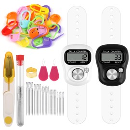 Pack of 2 Electronic Finger Counter (with Crochet Marking Set), Mini Electronic Row Counter Knitting, Orbicular Mesh Counter for Golf, Basketball, Knitting Number Counting (Black, White)