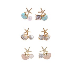 coadipress 3 Pairs Starfish Pearl Stud Earrings for Women Cute Small Ocean Shell Starfish Stud Earrings Rhinestone Shell Starfish Star Earrings Summer Ocean Beach Theme Jewelry Gifts (3 Pairs Starfish Pearl Stud)