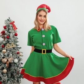 LYSINK Christmas Elf Costume Clothes for Parents-Child Santa Cosplay Outfit with Elf Hat Belt Striped Socks Festive Outfit (Ba Women, S)
