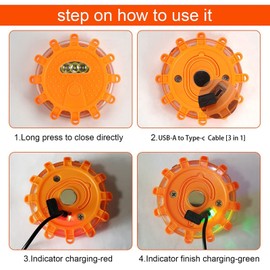 HEIGPAN GP903B LED Road Flares Car Beacon Emergency Kit USB-C Rechargeable Magnetic Base Hooks Carrying Pouch 9 Modes for Car Construction Rescue (3 Pack)