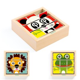 DJECO DJ01953 Cube Puzzle, Picture Matching, Rotating Shape, 2 Years Old, 3 Years Old, Educational Toy, Kids, Wooden Toy, Animals, Wooden