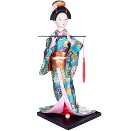 ALAMIYA Home Decoration Asian Japanese Geisha Kimono Doll Collectible Figurine Gift with Paper Fan Green