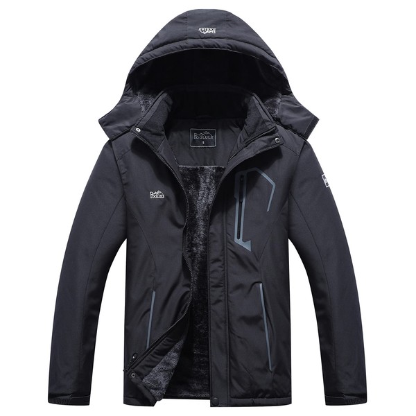 Pooluly Men's Ski Jacket Warm Winter Waterproof Windbreaker Hooded Raincoat Snowboarding Jackets Black-XL