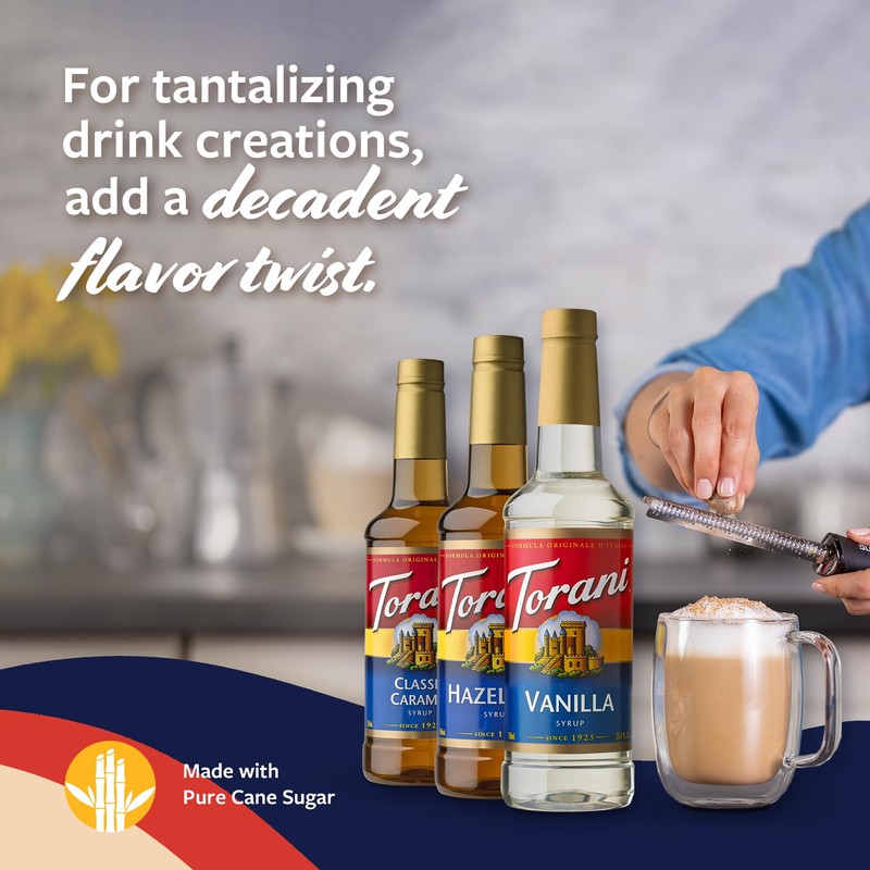 Torani Syrups, Classic Caramel, Hazelnut, and Vanilla Syrup Variety 3-Pack,
