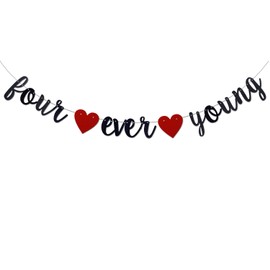 Four Ever Young Banner for 4th Birthday Party Decorations Supplies, Black Glitter Funny 4th Birthday Party Decors,Kids Boys/Girls' 4th Birthday Party Decorations. Pre-Strung Photo Booth Props Sign