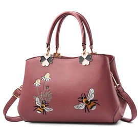 FOLOVEYA Handbag Women's Elegant Flower Shoulder Bags Handbag Women Top Handle Bag PU Leather Tote Crossbody for Shopping Work Travel Embroidery Shoulder Bag, Dark Pink B