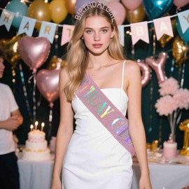 Yymobt Birthday Sash and Tiara Glitter Sashes and Rhinestone Headband Birthday Girl Headpiece Sash with Pin for Women