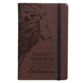 Small Scripture Notebook with Elastic Closure, Strength and Defense Lion, Brown Vegan Leather, Ribbon Bookmark, 192 Lined Pages, Acid Free Paper, approx size: 4" x 6"