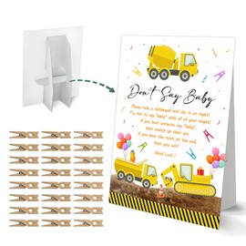 Don't Say Baby Clothespin Game, Construction Truck Baby Shower Game, One 8x11 Sign and 50 Mini Natural Clothespins, Gender Neutral, Baby Shower Decoration - MJZ22