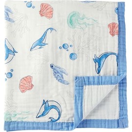 JN&LULU Muslin Baby Blanket, 4-Layer Cotton, 42 x 42 inches, Blue Digger Pattern