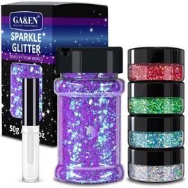Holographic Chunky Glitter 50g Magic Purple+8g*4 Body Glitter with Multi-Shapes Silver+Red+Green+Turquoise Sparkle Glitter for Body Face Eye Hair Makeup Glitter for Resin+Quick Dry Makeup Glue