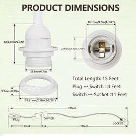 AdiyZ Pendant Light Cord - 15 Feet Hanging Light Bulb with Plug in Cord - 2 Pack Lamp Cord E26 Light Socket with Wire White Extension Chandelier Lantern Cable with On/Off Switch (No Bulb Included)