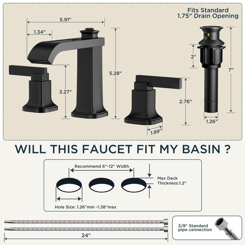 FORIOUS 3 Hole Bathroom Vanity Sink Faucet,Matte Black Waterfall Widespread