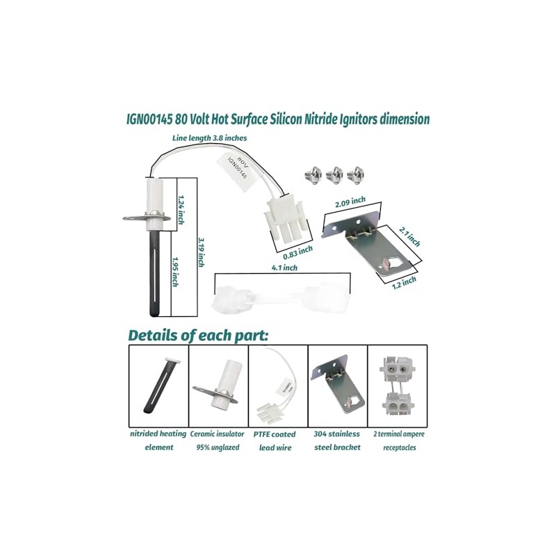 IGN00145 Furnace Ignitors with Male Plug 80 Volt Silicon Nitride