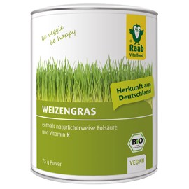 Raab Vitalfood Organic Wheatgrass Powder 75 g, for Smoothies, with Folic Acid, Gluten-Free, Vegan, Made and Laboratory Tested in Germany