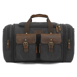 Imyth 60L Large Capacity Leather Duffle Bag - Classic Vintage Expandable Canvas Weekend and Overnight Travel Bag, Airplane Carry-On Luggage (Black)