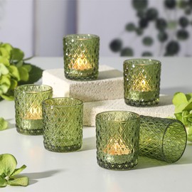 12 Pcs Spring Green Votive Candle Holders, Tea Light Candle Holders for Table Centerpiece, Green Glass Candle Holder Set Wedding Centerpieces for Table Home Decor