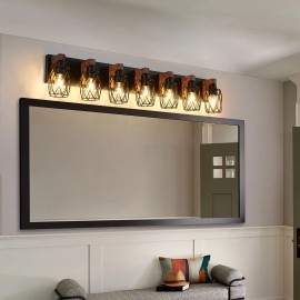 Industrial Vintage 7-Light Wall Sconce Black Cage with Wooden Accents for Bathroom Hallway Living Room LightingMaterial: Iron, Color: Walnut Color