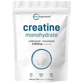 Instant Creatine Monohydrate Powder 500 Grams (1.1 Lb), 5000mg Per Serv, Micronized Creatine Powder, Unflavored, Pure, No Filler, Keto & Vegan, Easy Dissolve Pre Workout for Women and Men