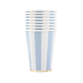 Bonjour Fête Light Blue Cabana Stripe Party Cups | Disposable Cups for Holidays, Baby Showers, Easter & Birthday Decorations | Premium 12oz Party Supplies | Pack of 8 | Elegant Disposable Drinkware