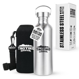 Tactiko Survival 34 oz/1000 ml Stainless Steel Wide Mouth Water Bottle, Single Wall Boil-Safe, Leakproof, BPA-Free with Carry Sleeve and Strap for Camping, Hiking, Outdoor Prep (Black)