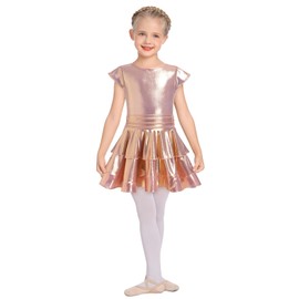 AFAVOM Girls Shiny Metallic Wet Look Dress Sparkly Latin Dance Ruffle Dress Tiered Jazz Costume Tango Ballroom Rave Festival Outfit Disco Salsa Cha Cha Party Pleated Swing Dress Rose Gold 5-6 Years