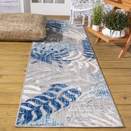 JONATHAN Y AMC100A-210 Tropics Palm Leaves Indoor Outdoor Area-Rug Bohemian Floral Easy-Cleaning High Traffic Bedroom Kitchen Backyard Patio Porch Non Shedding, 2 X 10, Gray/Blue