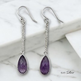 India with Love 925 Sterling Silver Teardrop Dangle Earrings, Chain Drop Design (Amethyst)