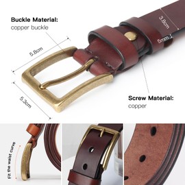 KARTURAKE Men's Full Grain Leather Belt ，Adjustable ，5mm Thickness，Durable Copper Buckle (Coffee, 51")