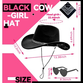 SHENYI Cowgirl Hat and Bandana and Heart Sunglasses Glitter Rhinestone Star Cowboy Hat Western Sparkly Hats for Women Men (US, Alpha, One Size, Medium, Black)